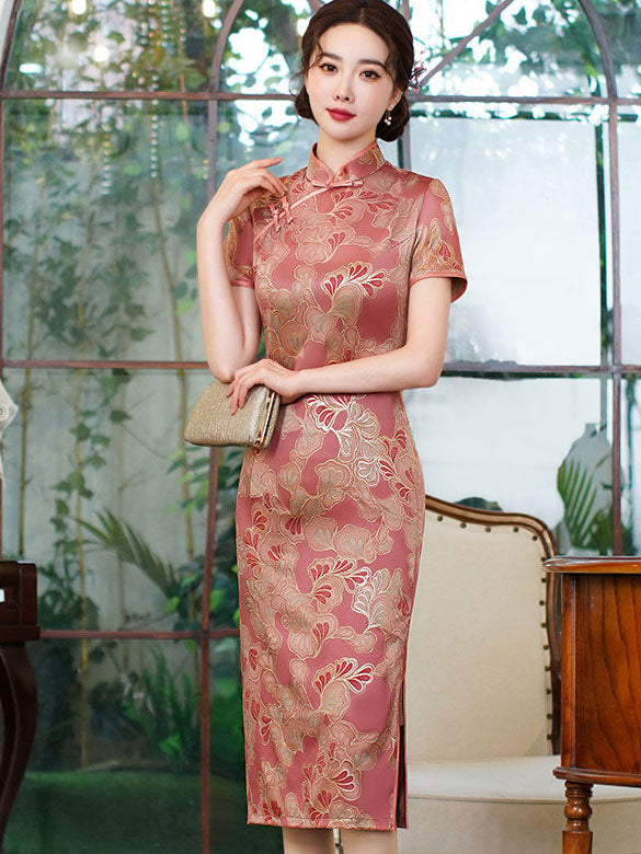 Blue Pink Mothers Floral Midi Cheongsam Qipao Dress
