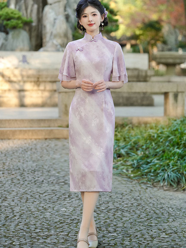 Purple Pink Floral Flutter Sleeve Cheongsam Qipao Dress