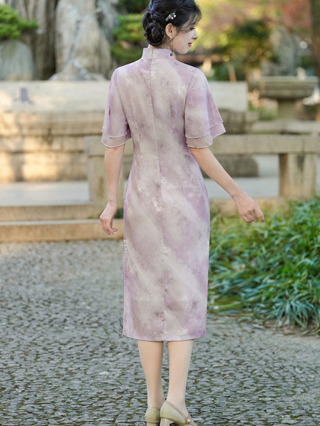 Purple Pink Floral Flutter Sleeve Cheongsam Qipao Dress