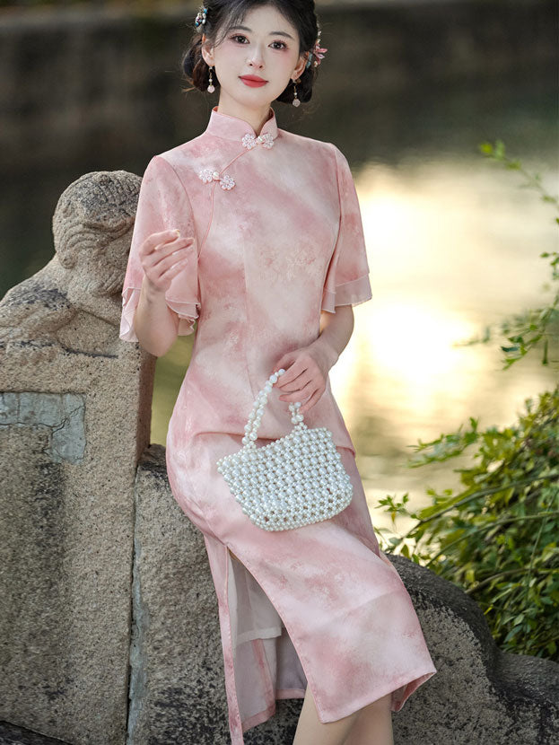 Purple Pink Floral Flutter Sleeve Cheongsam Qipao Dress