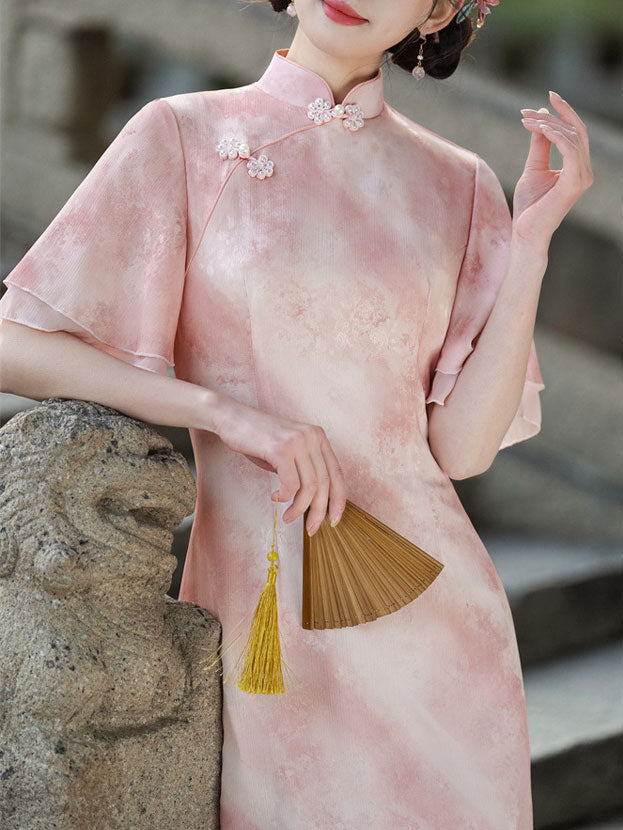 Purple Pink Floral Flutter Sleeve Cheongsam Qipao Dress
