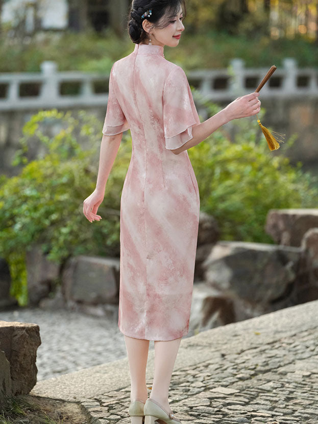 Purple Pink Floral Flutter Sleeve Cheongsam Qipao Dress