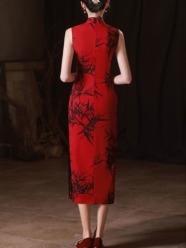 Red Bamboo Print Midi Cheongsam Qipao Dress