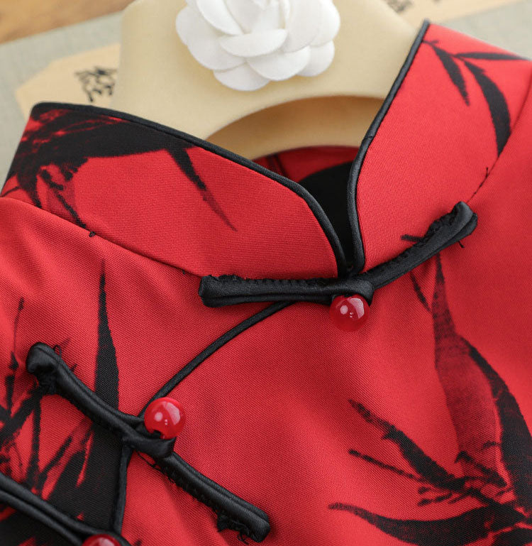 Red Bamboo Print Midi Cheongsam Qipao Dress