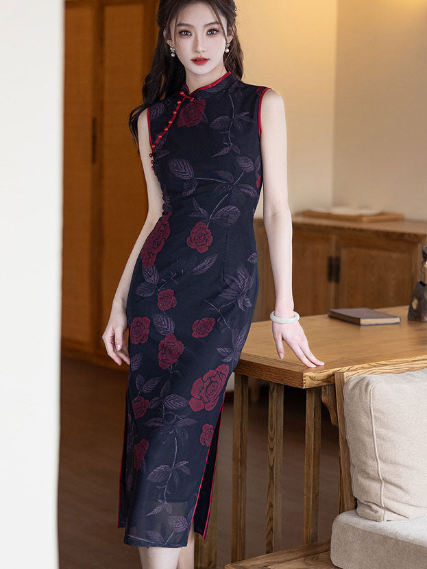 Pink Black Summer Floral Print Cheongsam Qipao Dress