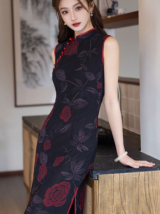 Pink Black Summer Floral Print Cheongsam Qipao Dress