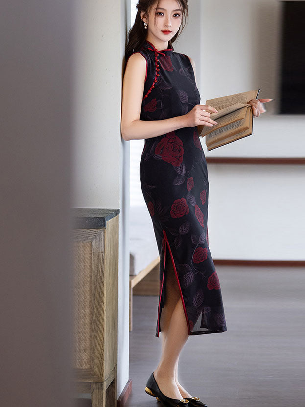 Pink Black Summer Floral Print Cheongsam Qipao Dress