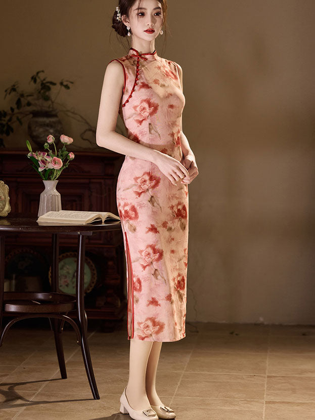 Pink Black Summer Floral Print Cheongsam Qipao Dress