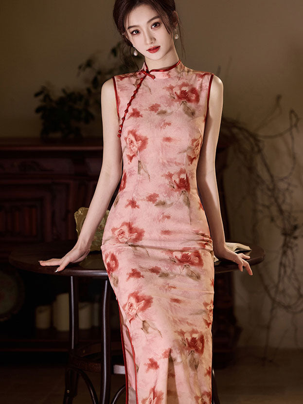 Pink Black Summer Floral Print Cheongsam Qipao Dress