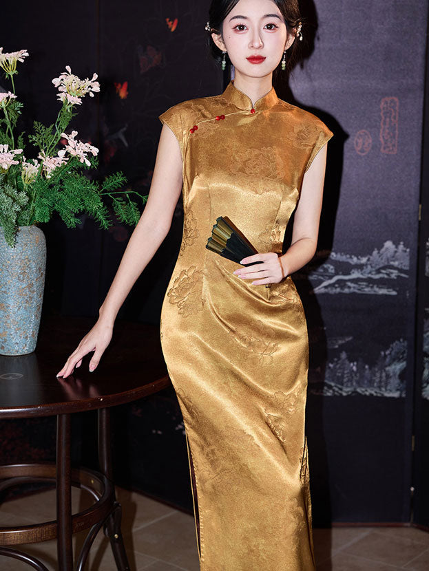 Gold Jacquard Floral Cheongsam Qipao Dress