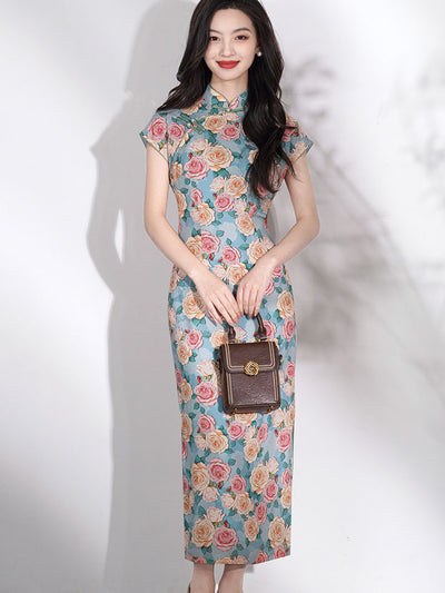 Blue Rose Print Cheongsam Qipao Dress