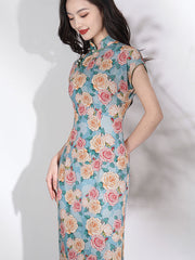 Blue Rose Print Cheongsam Qipao Dress