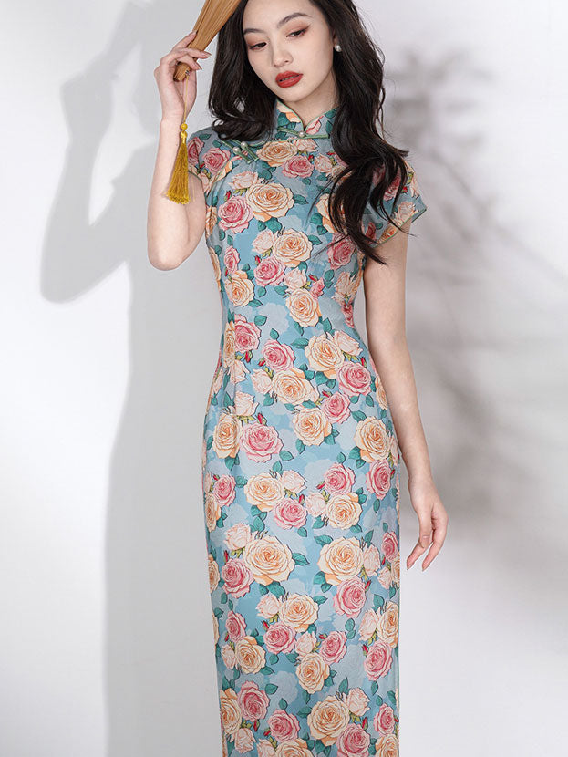 Blue Rose Print Cheongsam Qipao Dress