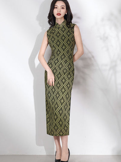 2025 Green Print Cheongsam Qipao Dress