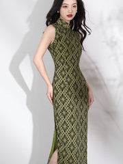 2025 Green Print Cheongsam Qipao Dress