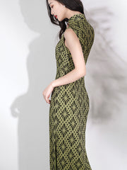 2025 Green Print Cheongsam Qipao Dress