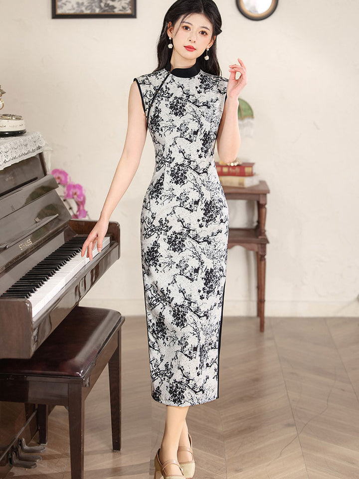 2025 Gray Floral Print Cheongsam Qipao Dress