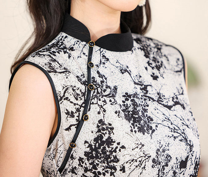 2025 Gray Floral Print Cheongsam Qipao Dress