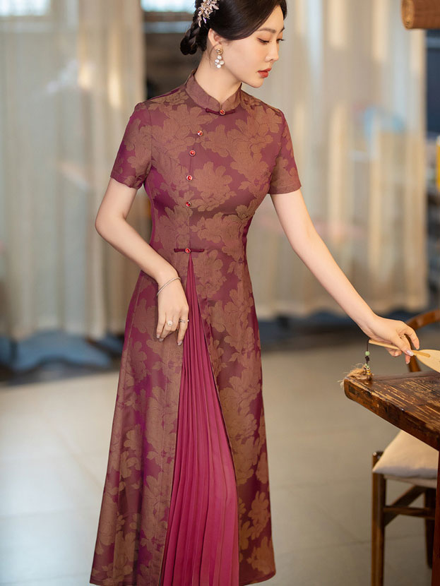 Fuchsia Blue Jacquard Mothers A-Line Cheongsam Dress
