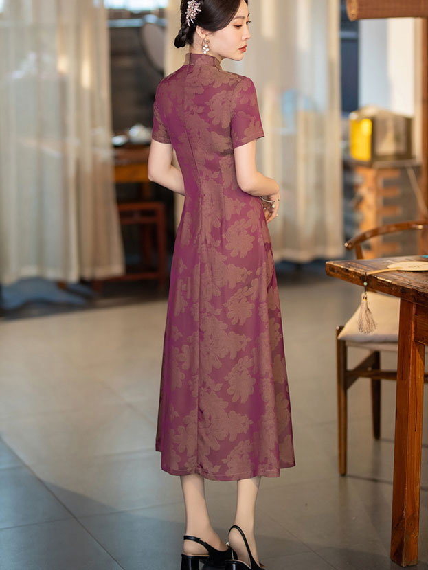 Fuchsia Blue Jacquard Mothers A-Line Cheongsam Dress
