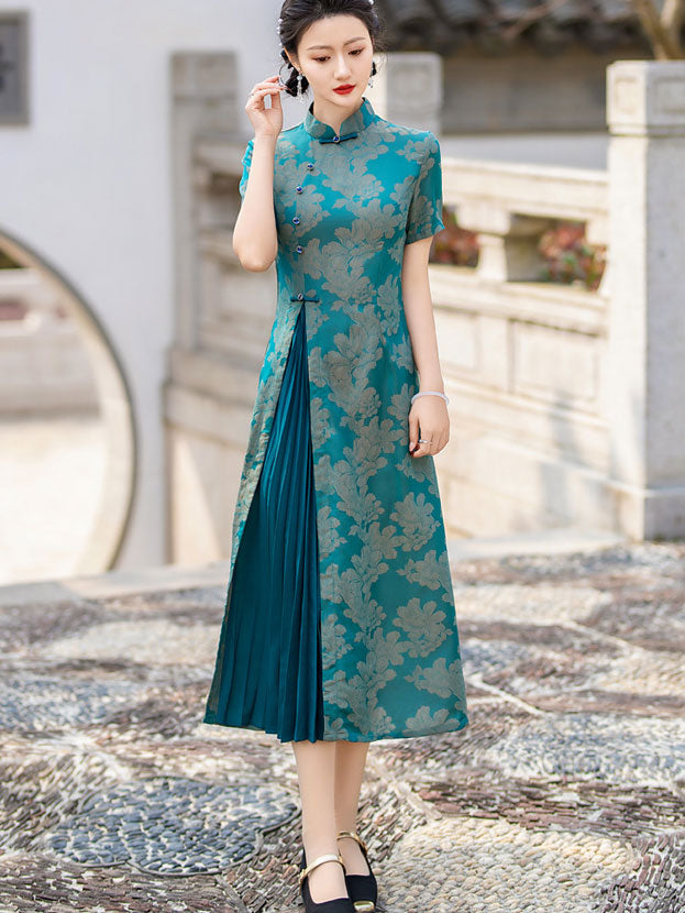 Fuchsia Blue Jacquard Mothers A-Line Cheongsam Dress