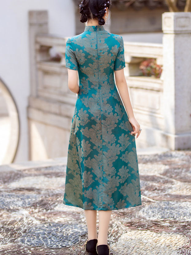 Fuchsia Blue Jacquard Mothers A-Line Cheongsam Dress
