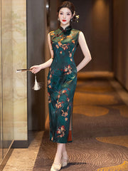 Green Floral Print Maxi Cheongsam Qipao Dress