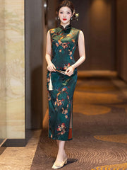 Green Floral Print Maxi Cheongsam Qipao Dress