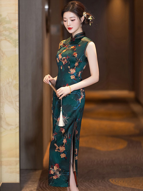 Green Floral Print Maxi Cheongsam Qipao Dress