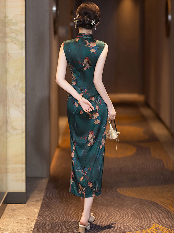 Green Floral Print Maxi Cheongsam Qipao Dress