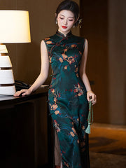 Green Floral Print Maxi Cheongsam Qipao Dress