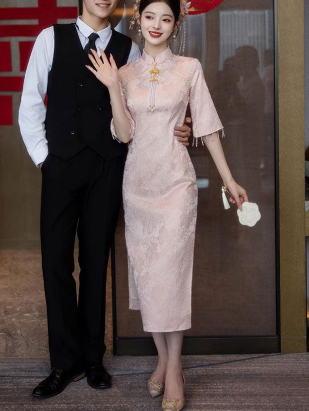 Pink Jacquard Floral Midi Cheongsam Qipao Dress
