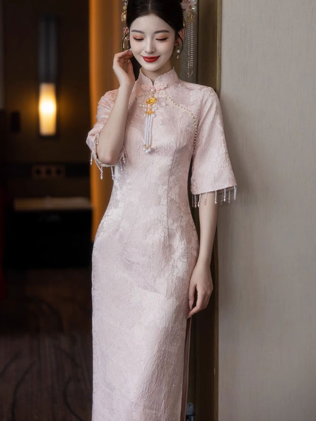 Pink Jacquard Floral Midi Cheongsam Qipao Dress
