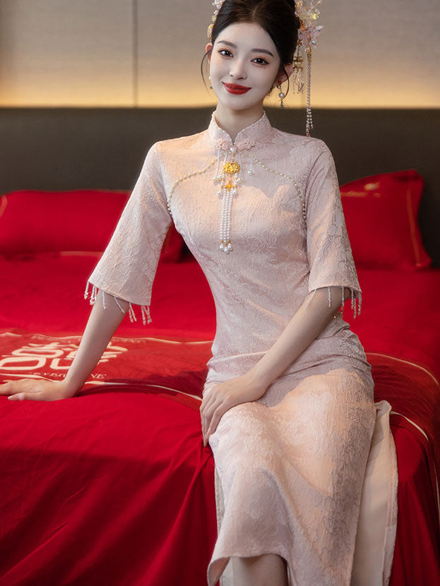 Pink Jacquard Floral Midi Cheongsam Qipao Dress