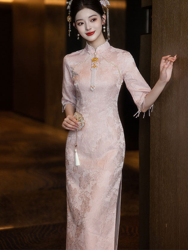 Pink Jacquard Floral Midi Cheongsam Qipao Dress
