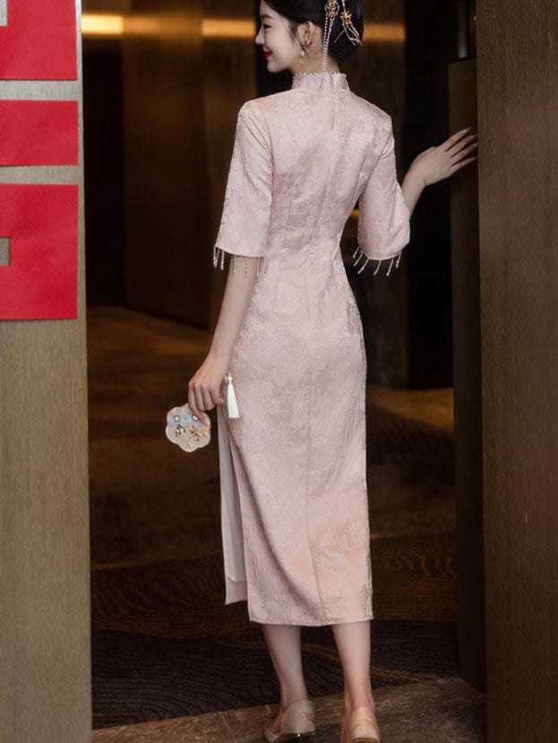 Pink Jacquard Floral Midi Cheongsam Qipao Dress