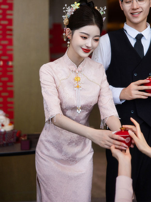 Pink Jacquard Floral Midi Cheongsam Qipao Dress