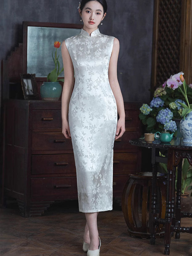 White Jacquard Floral Cheongsam Qipao Dress
