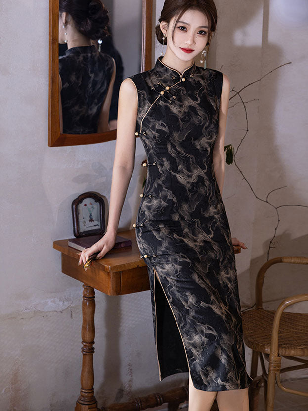 Black Print Midi Cheongsam Qipao Dress