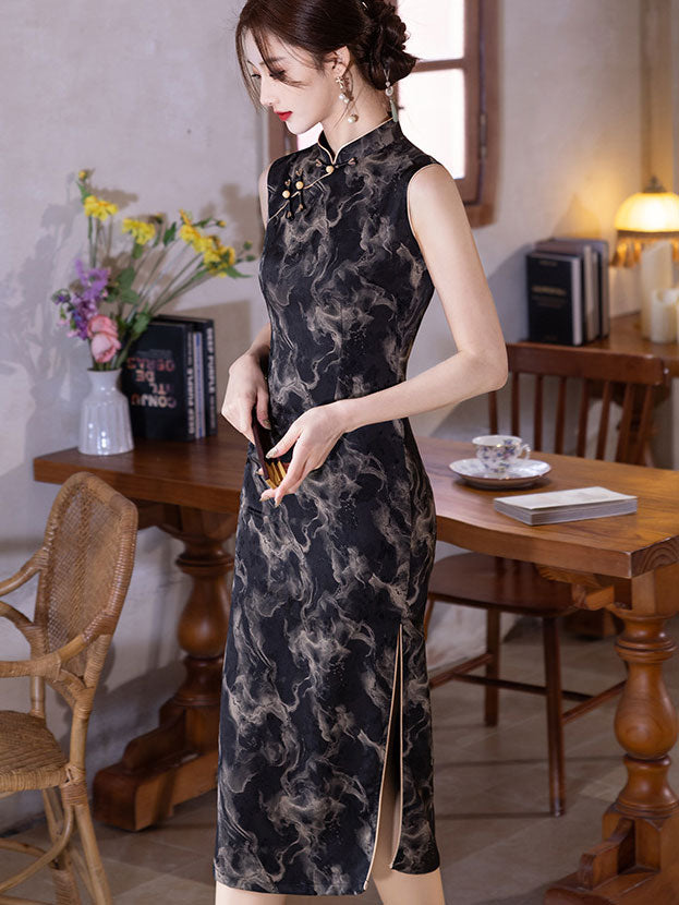 Black Print Midi Cheongsam Qipao Dress