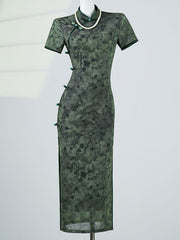 2025 Green Floral Cheongsam Qipao Dress