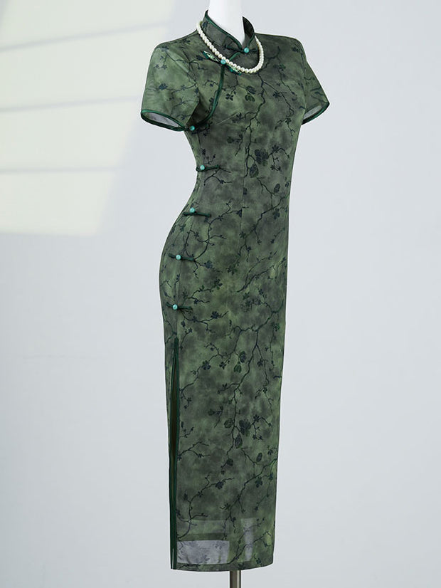 2025 Green Floral Cheongsam Qipao Dress