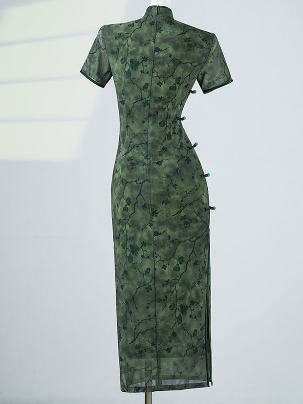 2025 Green Floral Cheongsam Qipao Dress