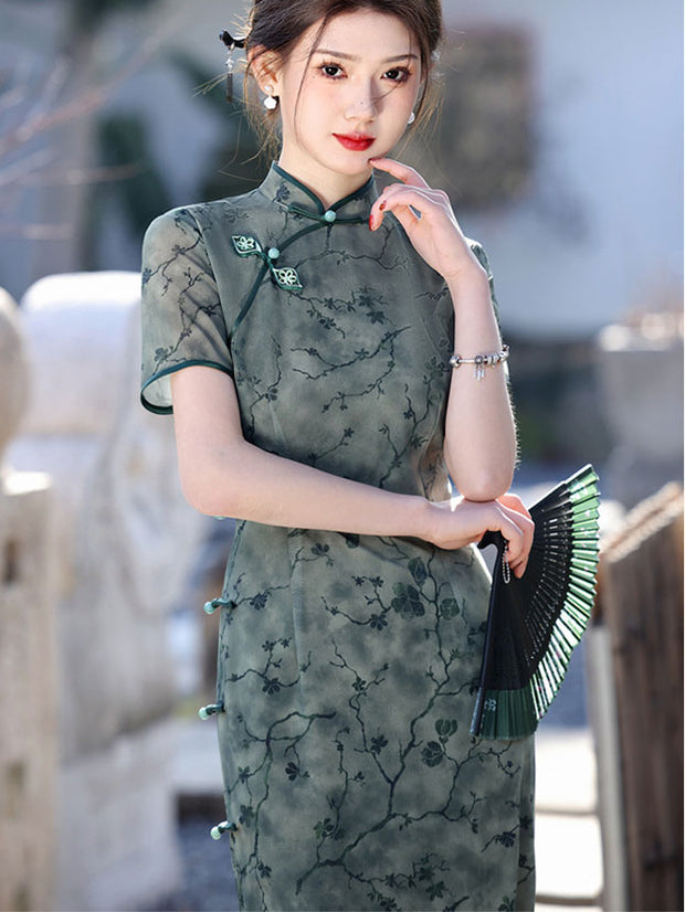 2025 Green Floral Cheongsam Qipao Dress