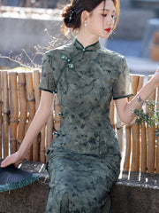 2025 Green Floral Cheongsam Qipao Dress