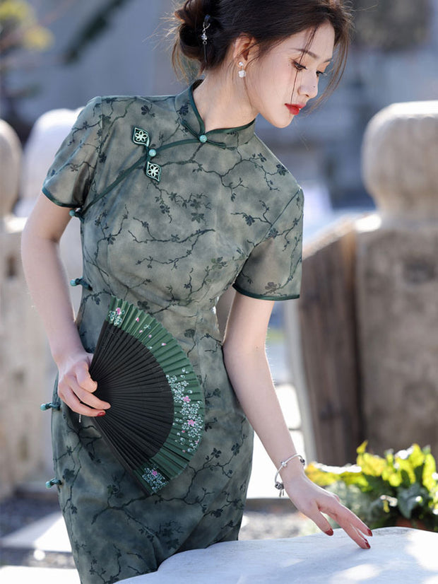 2025 Green Floral Cheongsam Qipao Dress