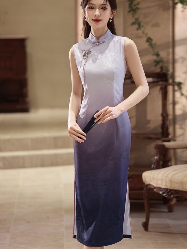 Gradient Purple Jacquard Floral Cheongsam Qipao Dress