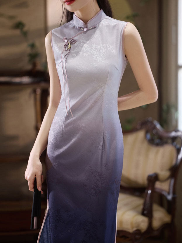 Gradient Purple Jacquard Floral Cheongsam Qipao Dress