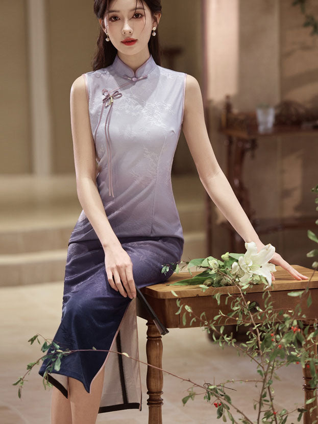 Gradient Purple Jacquard Floral Cheongsam Qipao Dress