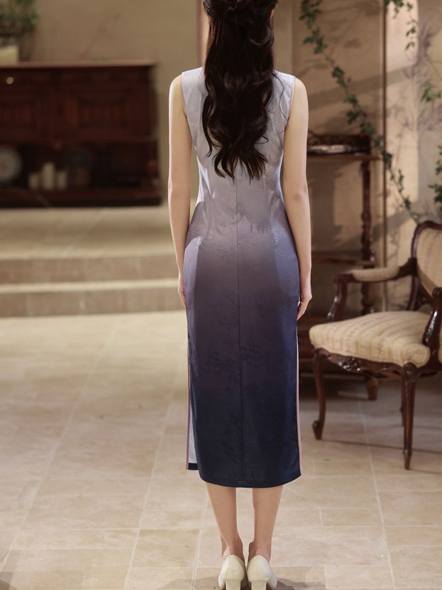 Gradient Purple Jacquard Floral Cheongsam Qipao Dress